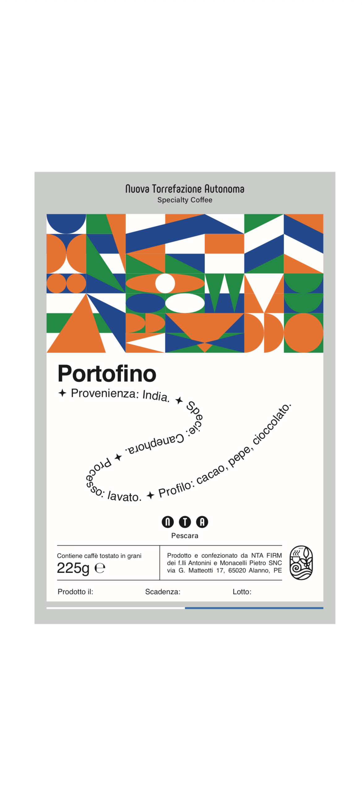 India| Portofino| Caffè in grani 225g| SPECIE: Canephora PROCESSO: Lavato| PROFILO: Cacao, Pepe, Cioccolato